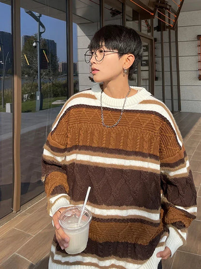 Winter Y2K Vintage Gestreifter Pullover Für Mann 2025, Neue Patchwork Baggy Gestrickte Pullover Koreanische Mode Streetwear Strickwaren Jersey So ist Leben