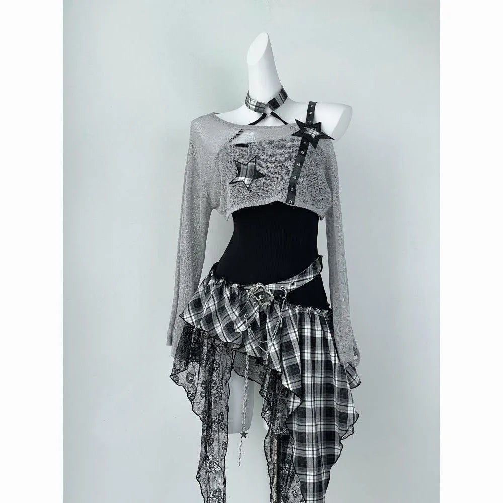 Gothic Harajuku 2-teiliges Set Damen Vintage Y2k Crop Top Bluse + Schwarz Hohe Taille Retro Rock Gürtel Party Vintage Sets Chic So ist Leben