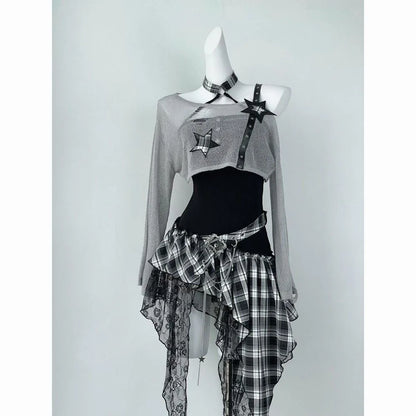 Gothic Harajuku 2-teiliges Set Damen Vintage Y2k Crop Top Bluse + Schwarz Hohe Taille Retro Rock Gürtel Party Vintage Sets Chic So ist Leben