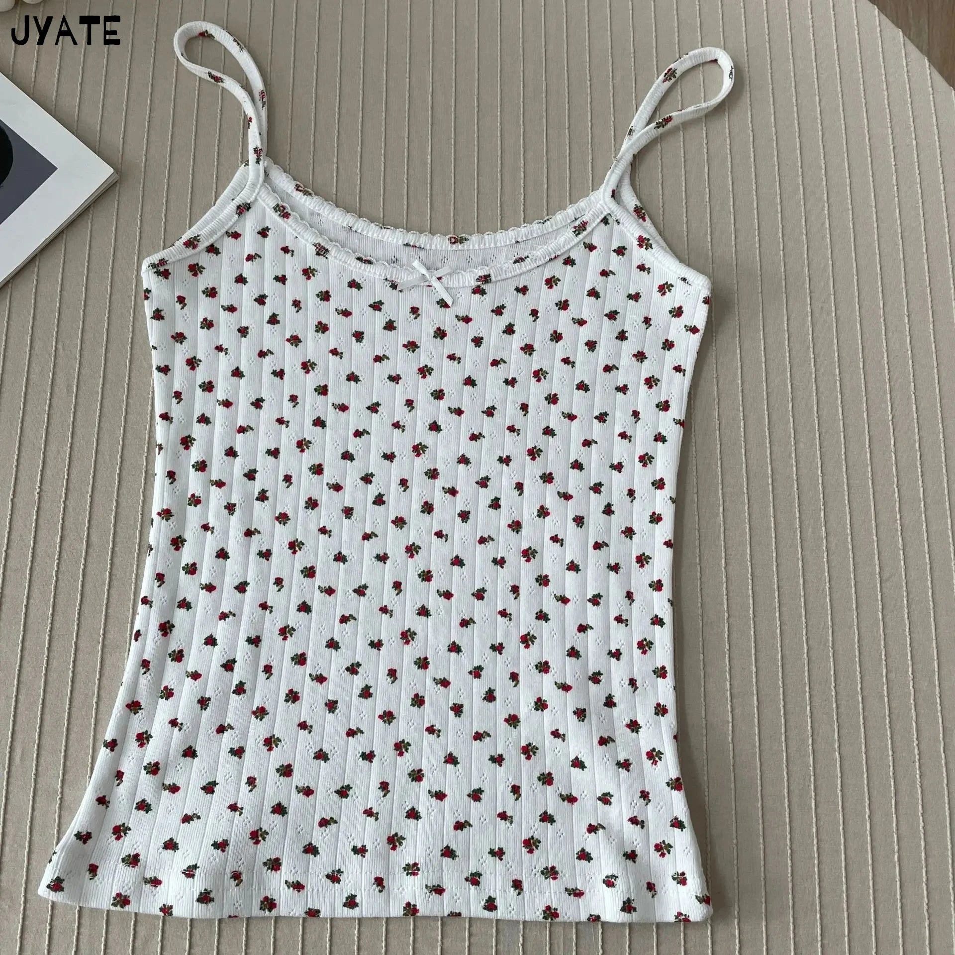 Süße Blumendruck Öse Schleife abgeschnittene Westen Frauen Baumwolle beiläufige dünne Spitzenbesatz Tank Tops Vintage Adrette süße Leibchen Y2K So ist Leben