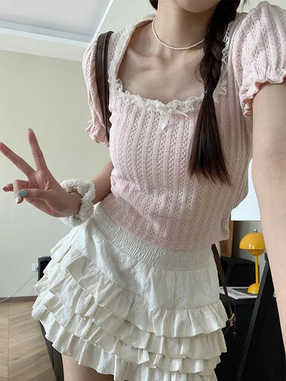 Adrette Art Sommer quadratischen Kragen Alters reduzierung Spitze Kurzarm Damen T-Shirt süße schlanke gestrickte bequeme dünne schicke Tops So ist Leben