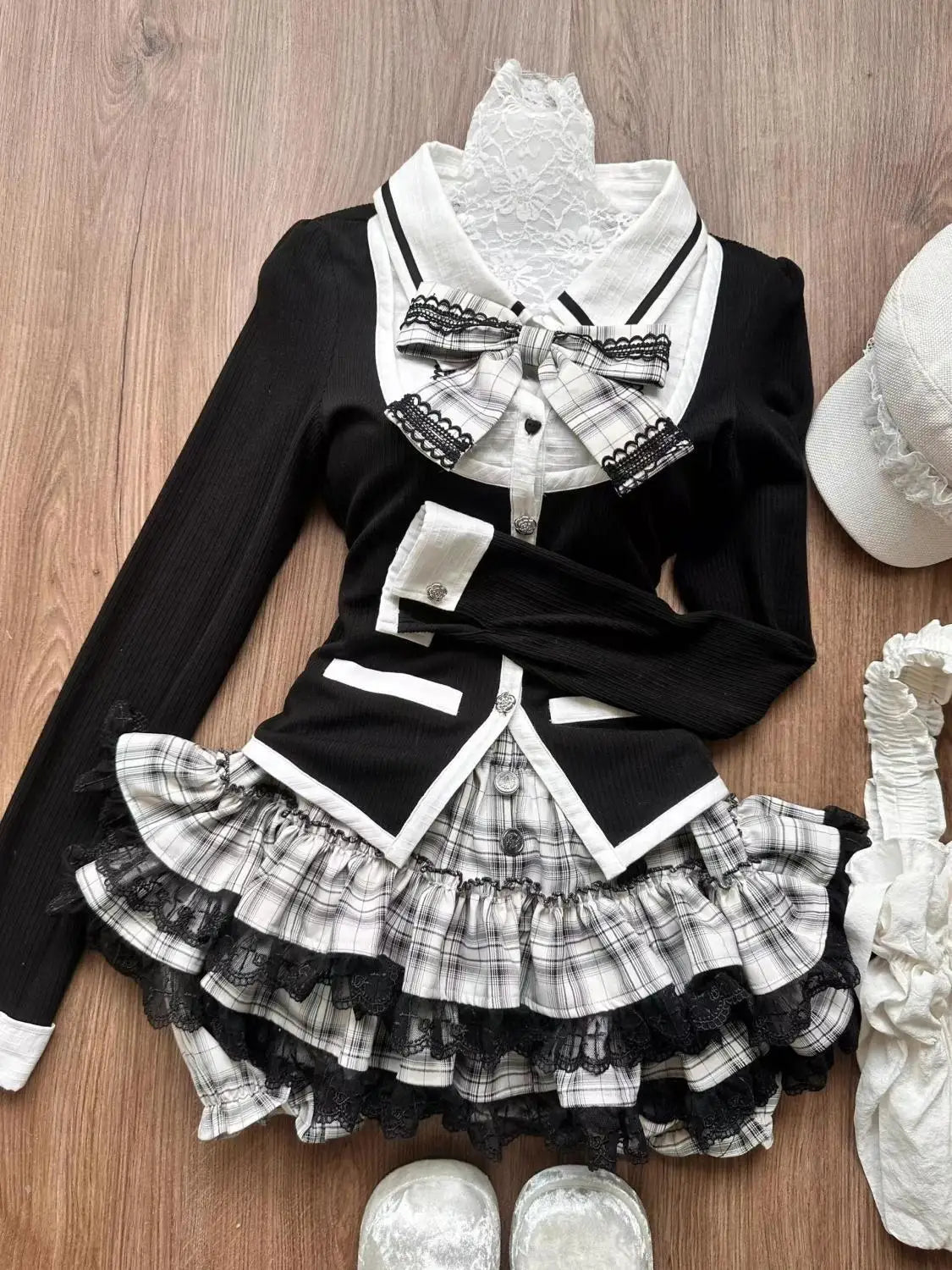 Vintage 2 Stück Herbst Kleidung Y2k Harajuku Spitze Gitter Rock Mädchen Kleider Adrette Mode Koreanische Bogen Frauen T-Shirt Kleid Elegant So ist Leben