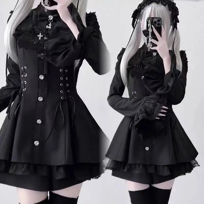 Gothic Lolita Zweiteiler Damen – Modernes A‑Linien Set - So ist Leben