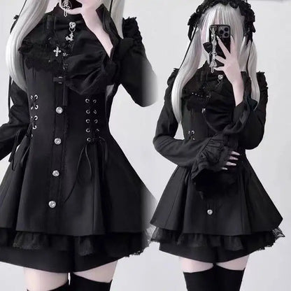 Gothic Lolita Zweiteiler Damen – Modernes A‑Linien Set - So ist Leben