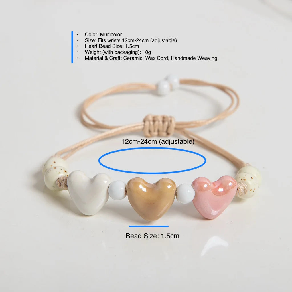 Handgefertigtes mehrfarbiges dreifaches Herz-Armband aus Keramik, verstellbare Wachsschnur, minimalistischer Boho-Stil für Paare und Freunde So ist Leben