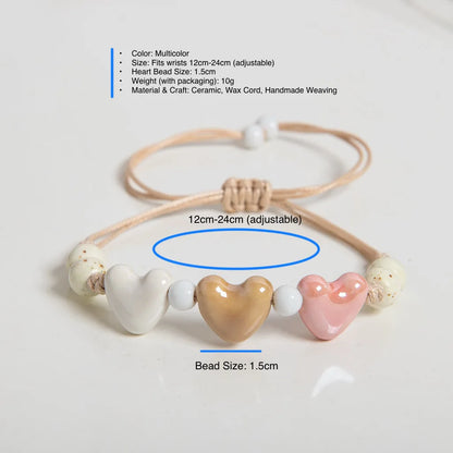 Handgefertigtes mehrfarbiges dreifaches Herz-Armband aus Keramik, verstellbare Wachsschnur, minimalistischer Boho-Stil für Paare und Freunde So ist Leben