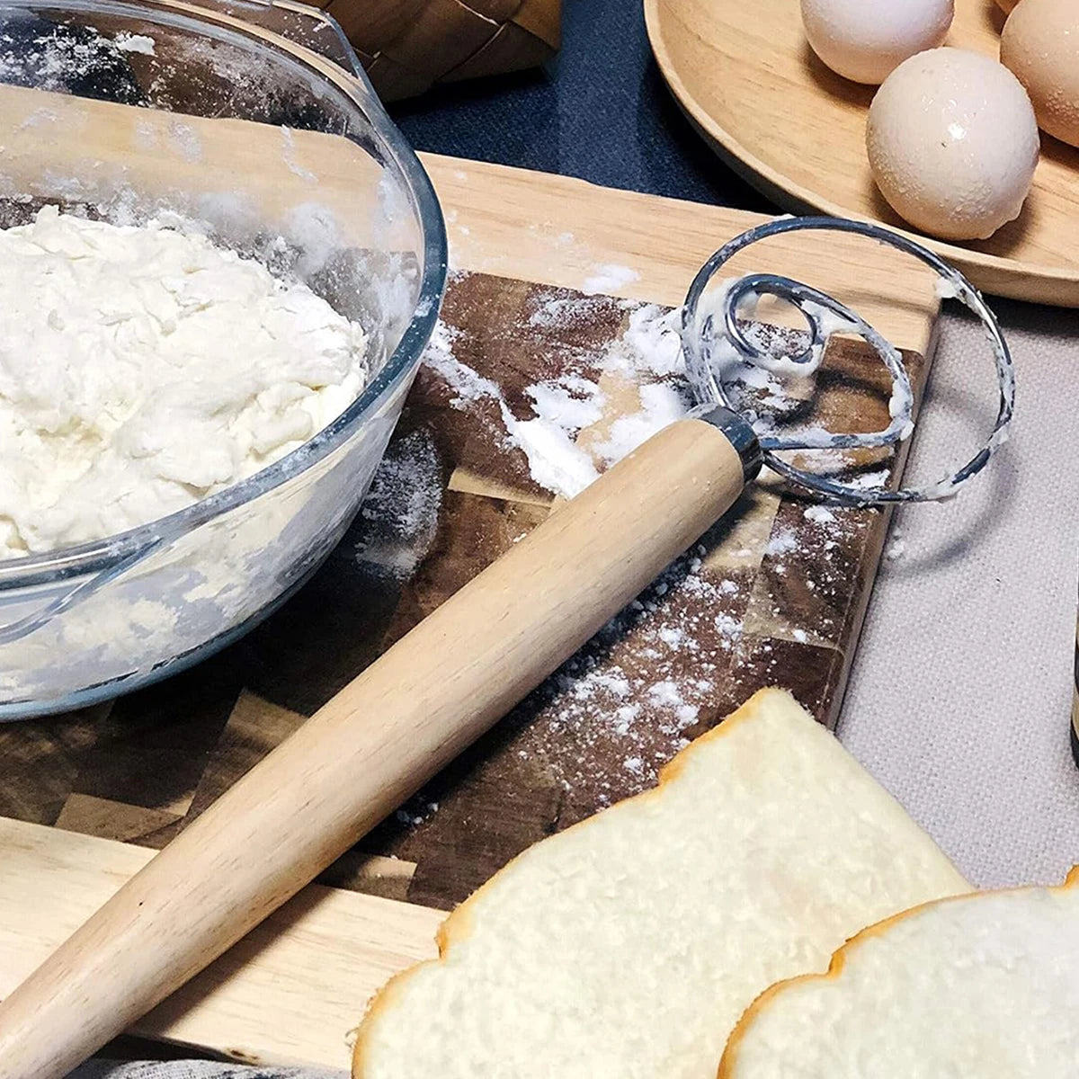 1PC Eichengriff Mehlmixer Dänischer Teigmixer Edelstahlspule Schneebesen Werkzeug