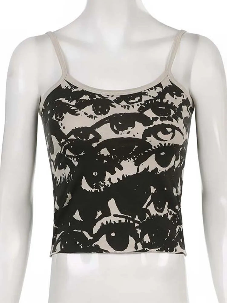 Gothic Porträt Druck T-shirt Ästhetischen Y2K Crop Tops Kurzarm Weste Tees Harajuku Streetwear Weiß Hosenträger Frauen Kleidung So ist Leben