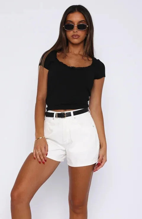 2024 Neues Damen-Temuslim-Fit-T-Shirt, lässig, Y2K, kurze Ärmel, Polyesterfaser, quadratischer Kragen, einfarbig, Blumenrand, Frühling/Sommer So ist Leben