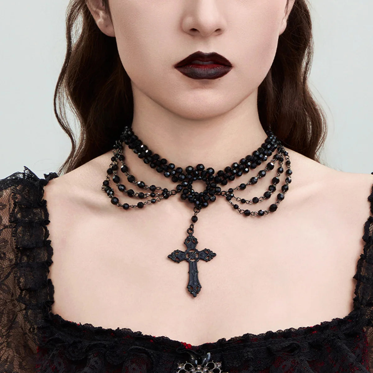 Schwarze Spitze Schlüsselbeinkette, Vintage Kreuz Kristall Perlen Quaste Halskette, Halloween Kragen Zubehör So ist Leben
