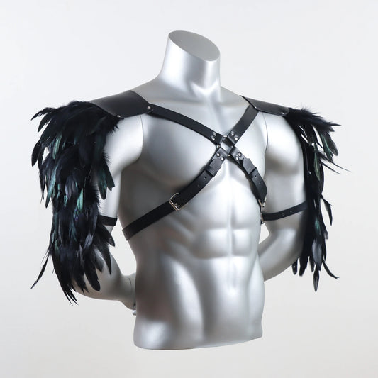 Vintage PU Leder Körperkette Geschirr mit Feder Schulterpanzerung Mittelalter Wikinger Stil Brustgurt Halloween Cosplay Zubehör So ist Leben