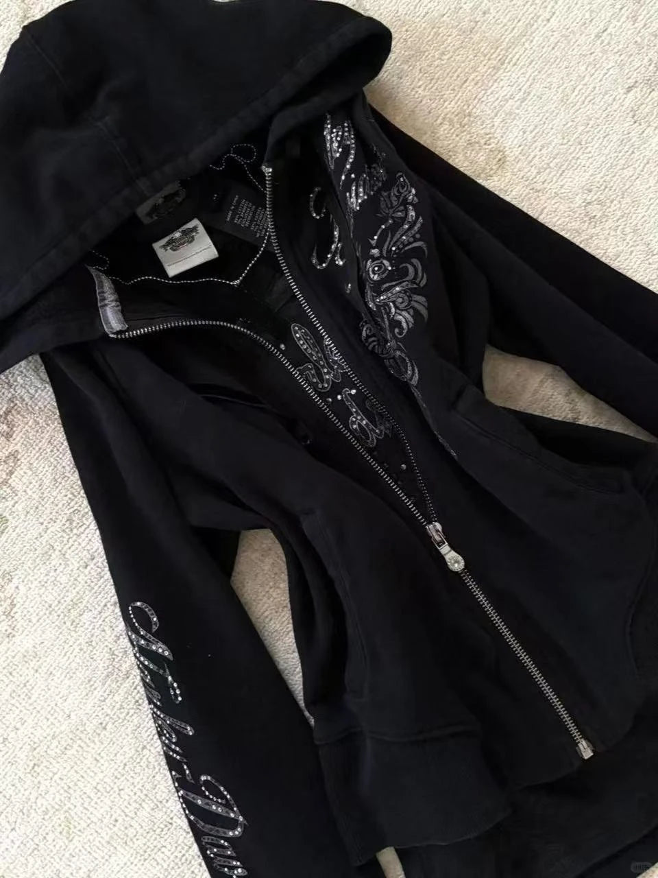 Y2K Gothic Kordelzug Design Schwarz Reißverschluss Sweatshirt Damen Jacke Mantel Harajuku Brief Grafik Sexy Slim Hoodie Herbst Kleidung So ist Leben