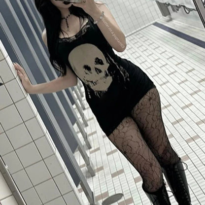 2024 neue Retro Punk Gothic Kleid Frauen Streetwear Harajuku Schädel gedruckt ärmellose hohe Taille Bodycon Kleid Grunge Rave Outfits So ist Leben
