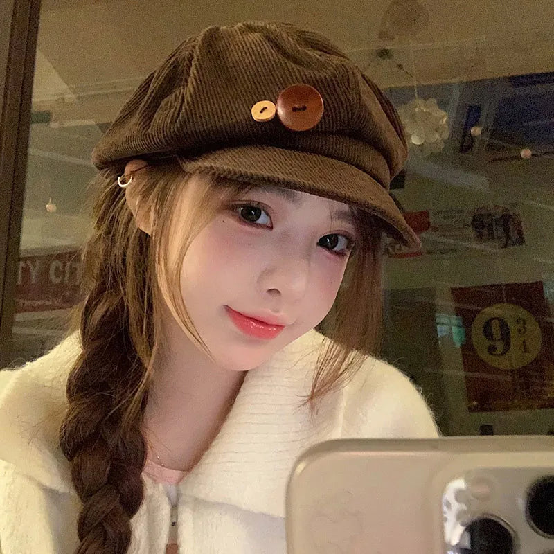RICYGVM Retro Knopf Cord Achteckige Kappe Für Frauen Maler Künstler Hut Japanische Mädchen Braun Schirmmützen Herbst Winter Berets So ist Leben