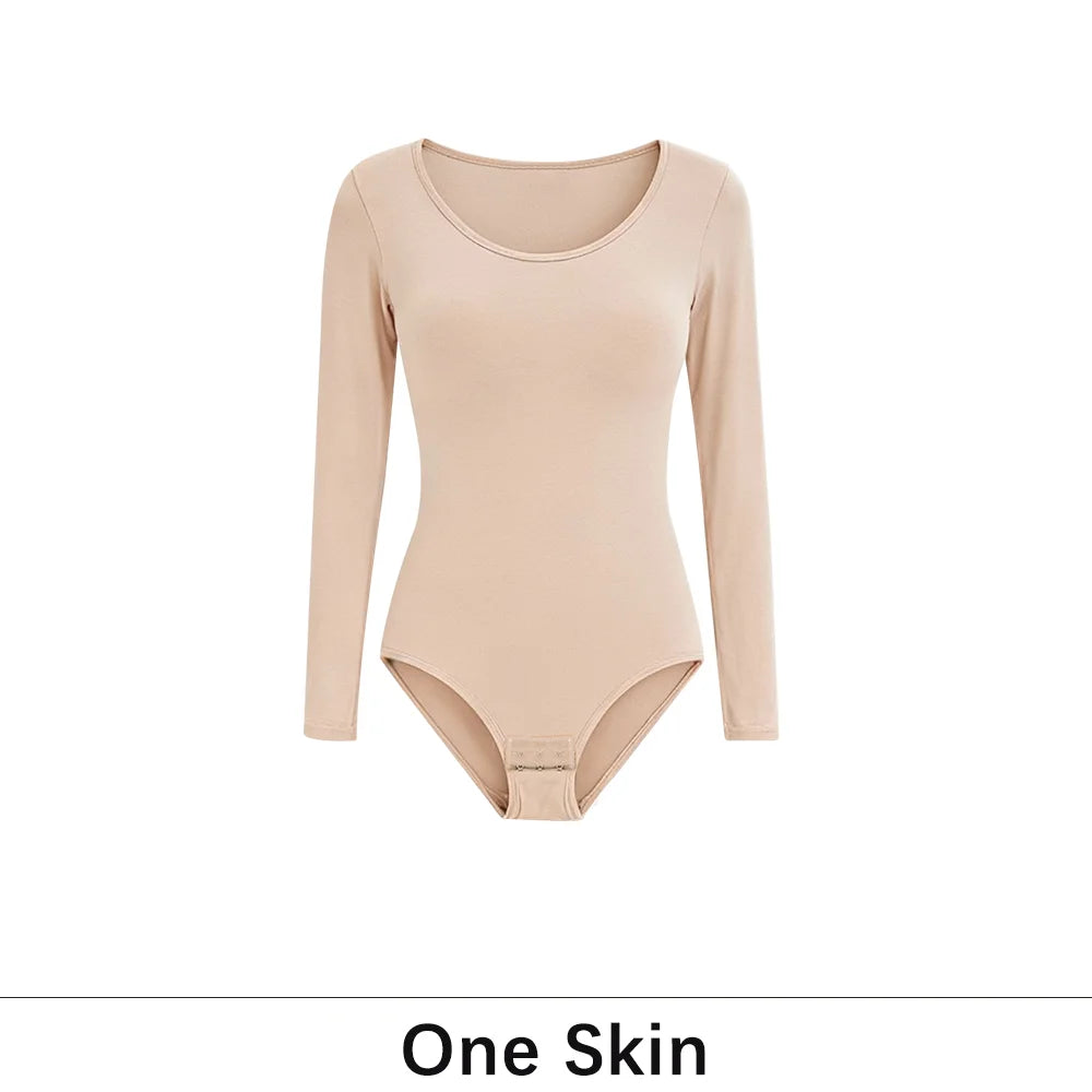 Damen 1er-Pack Langarm-Bodysuit Shapewear Schlankheits-Bodyshaper Rundhals Nahtloser Former Neue Mode Schwarzes Top So ist Leben