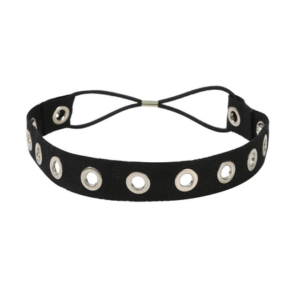 Punk Mädchen Stoff Hohl Elastisches Stirnband Metall Rock Personalisierte Hohl Ösen Haarband Casual Sport Stirnbänder Haar Zubehör So ist Leben