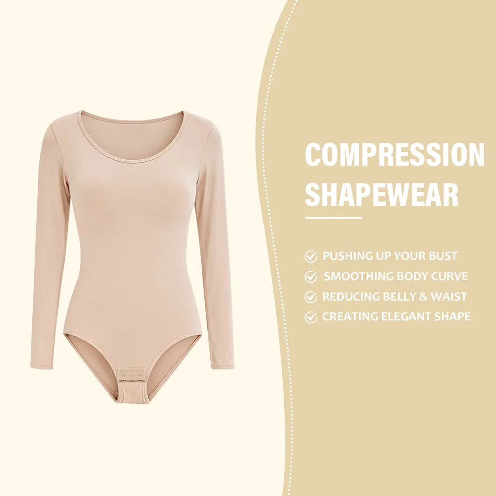 Damen 1er-Pack Langarm-Bodysuit Shapewear Schlankheits-Bodyshaper Rundhals Nahtloser Former Neue Mode Schwarzes Top So ist Leben