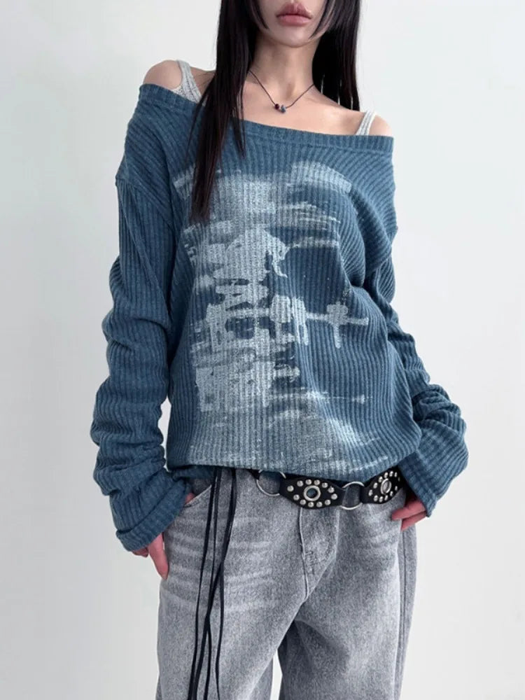 Herbst Harajuku Frauen Druck Tees Vintage Streetwear Grunge Skew Kragen Tops Y2k Ästhetischen Lose Beiläufige Hiphop Vintage Tops So ist Leben