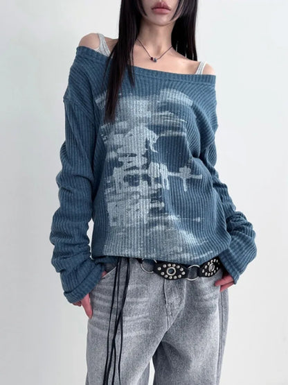 Herbst Harajuku Frauen Druck Tees Vintage Streetwear Grunge Skew Kragen Tops Y2k Ästhetischen Lose Beiläufige Hiphop Vintage Tops So ist Leben
