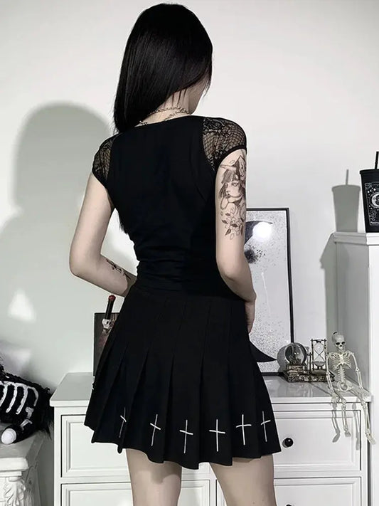 Vintage Tops Goth T-shirt Women Bodycon Bandage Lace Black T-shirts Gothic Streetwear Sexy Female Top Casual Mesh Tee - So ist Leben