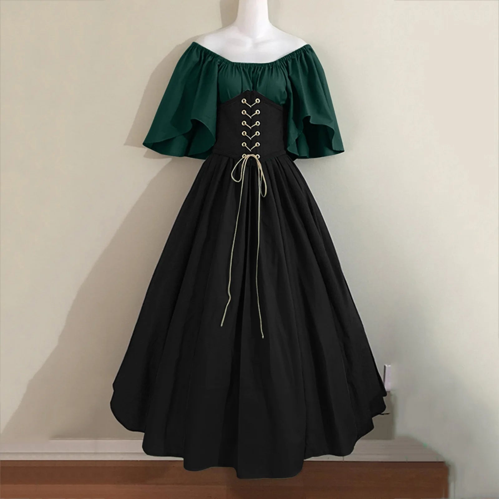 Damen Patchwork Mittelalter Renaissance Kleid Halloween Gothic schulterfreies Retro Langes Kleid So ist Leben