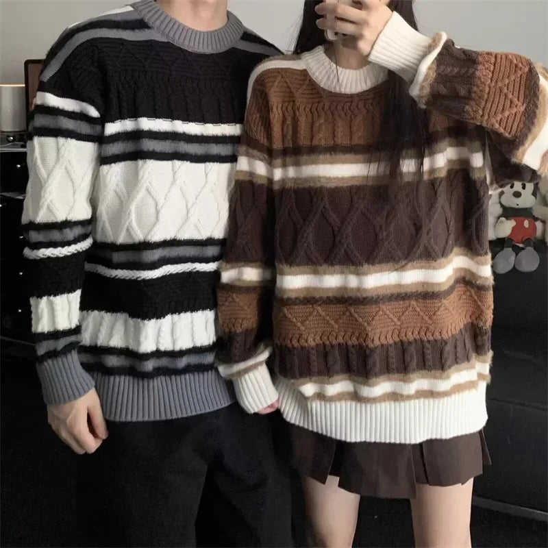 Winter Y2K Vintage Gestreifter Pullover Für Mann 2025, Neue Patchwork Baggy Gestrickte Pullover Koreanische Mode Streetwear Strickwaren Jersey So ist Leben