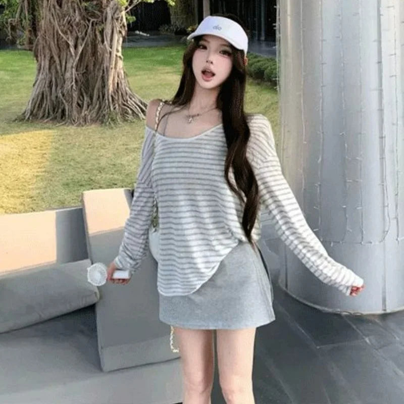 Damen Neues Sommer Gestreiftes Langarm-Sonnenschutz-T-Shirt Locker Sitzend Koreanischer Vielseitiger Lässiger Allround-Oberteil So ist Leben