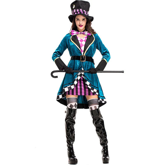 Alice im Wunderland Clown Verrückter Hutmacher Kostüm für Erwachsene Frauen Fantasie Sexy Zauberer Cosplay Halloween Karneval Magisches Kleid So ist Leben