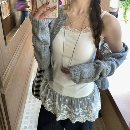 Spitzen-Unterhemd, Rüschen, Patchwork-Saum, Cami 2025, sexy Top, Damen, langes ärmelloses T-Shirt, Leibchen, Y2K, koreanische graue Baumwoll-Camis So ist Leben