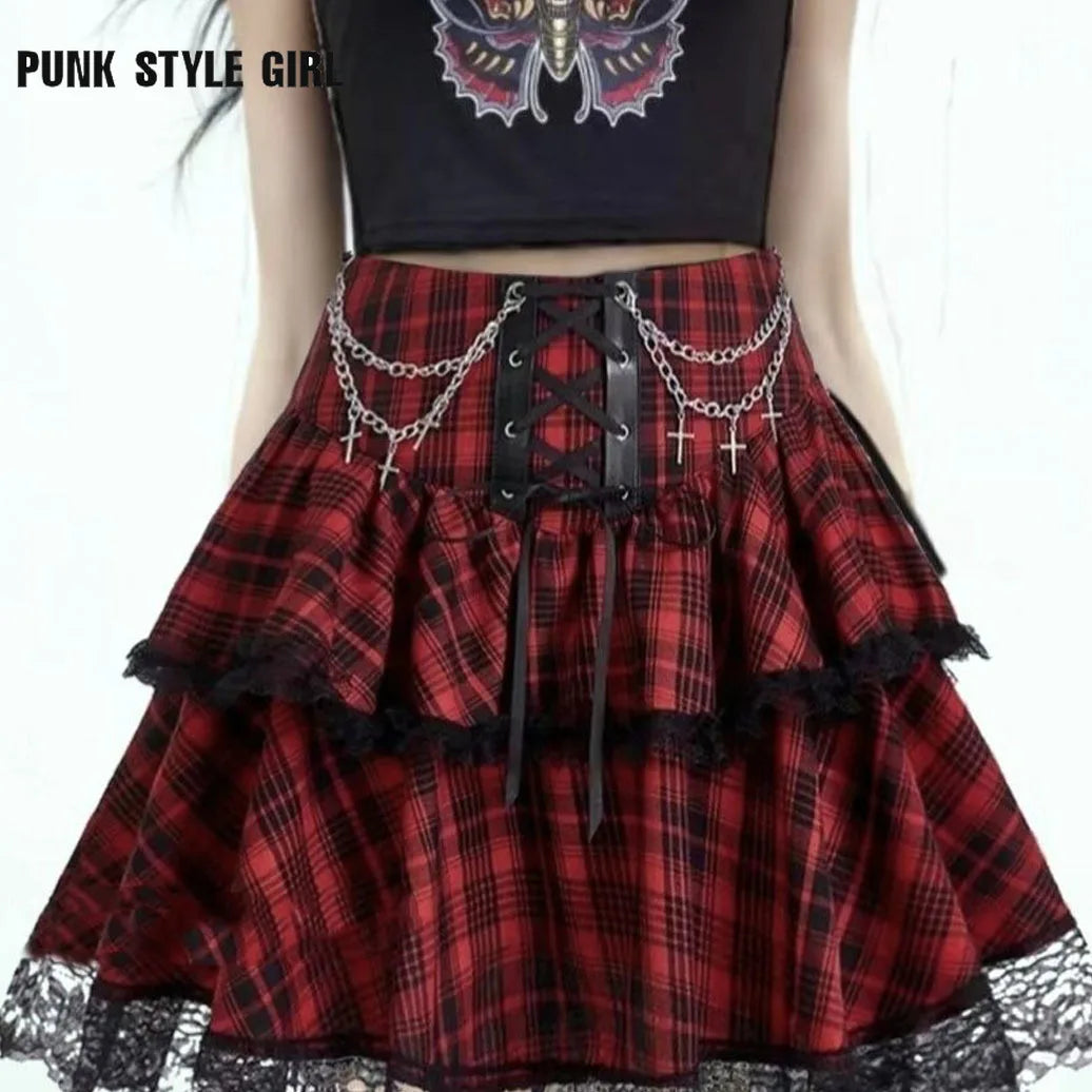 Plaid Print Subkulturen Punk Rock Y2k Mini Rock Hohe Taille Rüschen Kuchen Spitze Up Harajuku Gothic 2000er Jahre Ballkleid röcke für Frauen So ist Leben