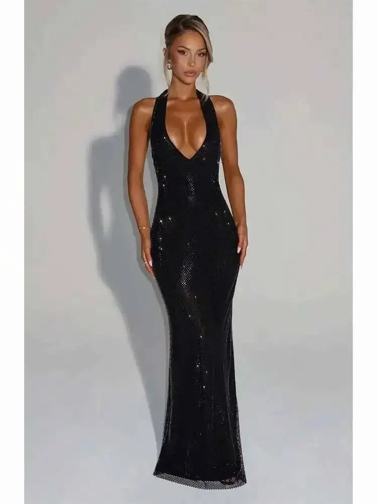Avrilyaan Glänzende Pailletten-Nachtclub, tiefer V-Ausschnitt, rückenfrei, sexy Partykleid für Damen, Neckholder, 2025, Sommerkleid, schlank, figurbetont, Maxi-lange Kleider So ist Leben