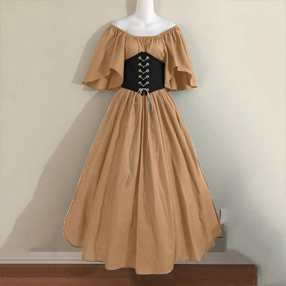 Damen Patchwork Mittelalter Renaissance Kleid Halloween Gothic schulterfreies Retro Langes Kleid So ist Leben