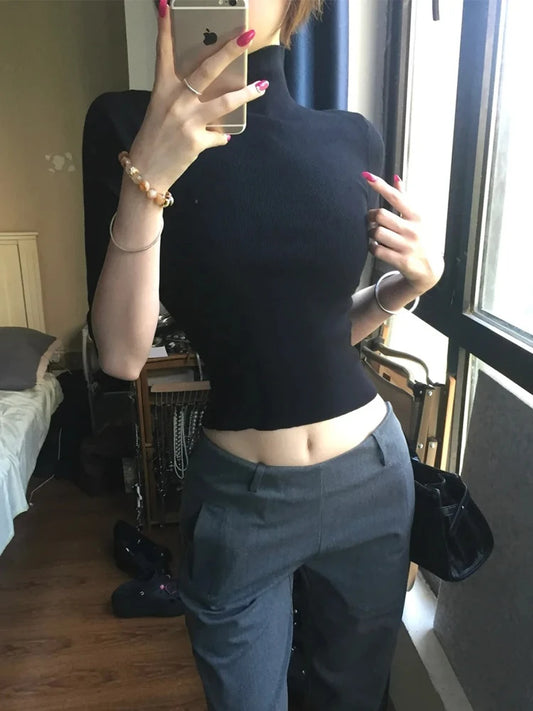 Genayooa Y2k Vintage T-shirt Frauen Drei Viertel Solid Black Crop Tops Schlank Rollkragen T-shirts Streetwear Japanische 2000er Jahre Tops So ist Leben