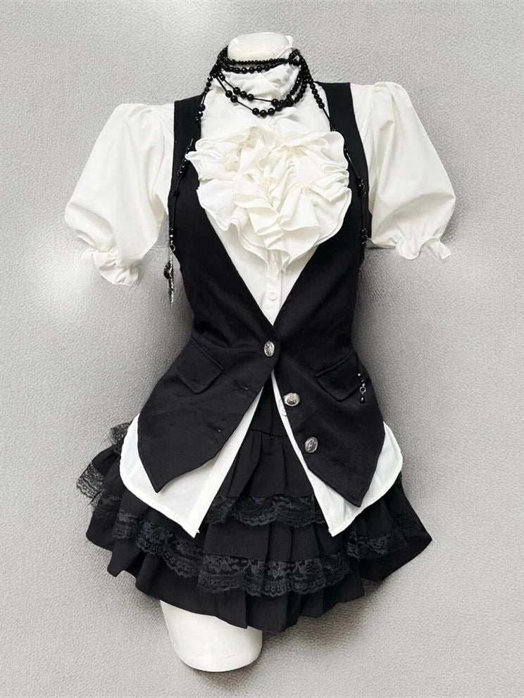 Gothic Harajuku 2-teiliges Set Damen Vintage Y2k Crop Top Bluse + Schwarz Hohe Taille Retro Rock Gürtel Party Vintage Sets Chic So ist Leben