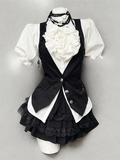 Gothic Harajuku 2-teiliges Set Damen Vintage Y2k Crop Top Bluse + Schwarz Hohe Taille Retro Rock Gürtel Party Vintage Sets Chic So ist Leben