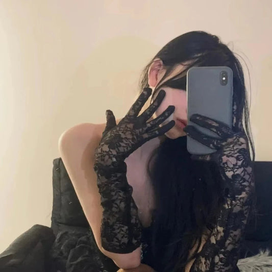 Mesh Fishnet Bowknot Lange Handschuhe für Frauen Spitze Rüschen Fingerlose Handschuhe Fäustlinge JK Lolita Kawaii Weiße Handschuhe UV-Schutz Y2k So ist Leben