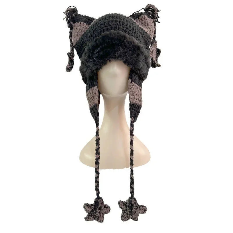 Japanische Designer Pentagramm Skullies Beanie Frauen Herbst Winter Warm Gehörschutz Handgemachte Gestrickte Hut Katzenohren Streifen Kappe Y2K So ist Leben