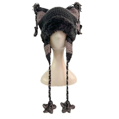 Japanische Designer Pentagramm Skullies Beanie Frauen Herbst Winter Warm Gehörschutz Handgemachte Gestrickte Hut Katzenohren Streifen Kappe Y2K So ist Leben