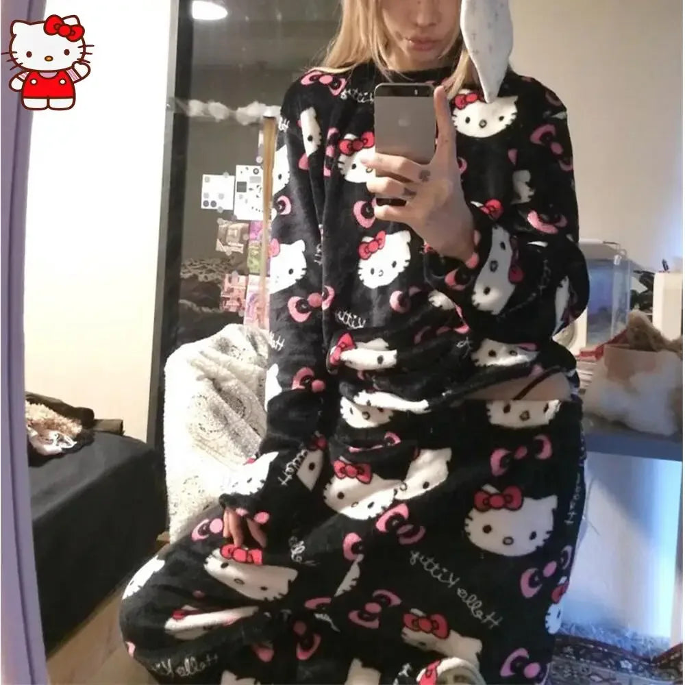 Anime Hello Kitty Plüsch-Pyjama-Anzug für Damen, Cartoon-Flanell, langärmelig, Homewear, Winter, Mädchen, warme Tops, Pannts, zweiteiliges Set - So ist Leben