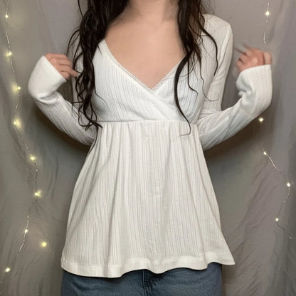 Frauen Fee Y2k Cottage T-shirt Kokette V-ausschnitt Langarm Babydoll Tees Herbst Frühling Casual Pullover Tops Vintage Kleidung So ist Leben