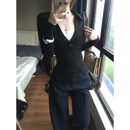 Genayooa American Retro Fake Two Pieces Tops Langarm Skinny Y2k Japanisches T-Shirt Damen Herbst 2000er Grunge Tops T-Shirt E-Girls So ist Leben