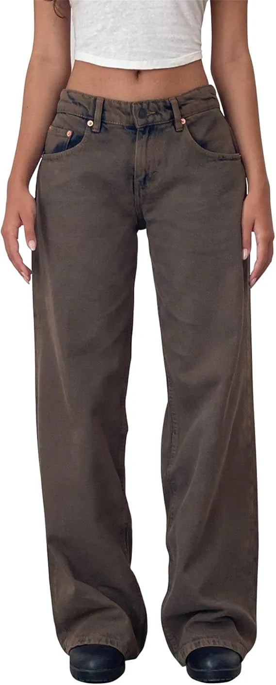 Retro Amerikanische Low-Waist Jeans ohne Stretch, Gerades Bein, Damen-Herbstmode, Weites Bein, Frischer Süßer Stil, Baumwolle So ist Leben
