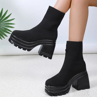 Damen Stiefeletten Mode Plateauschuhe Blockabsätze Damenstiefel Einfarbige Damen Pumps Sexy Lederstiefel Karree Botas So ist Leben