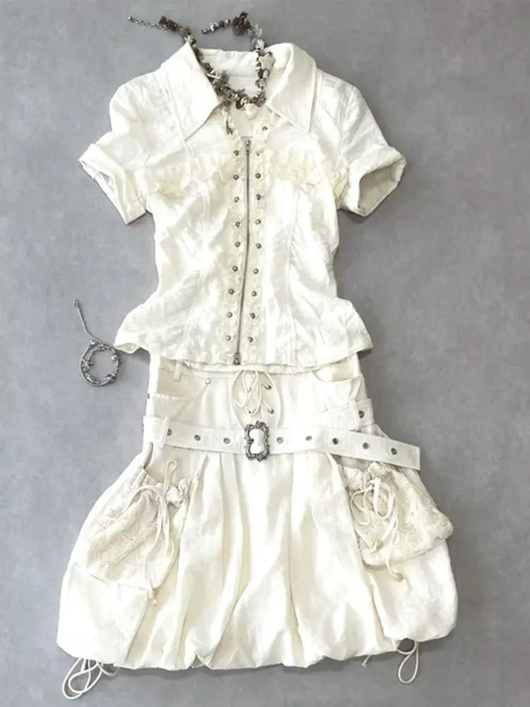 Punk Kleider 2 Stück Harajuku Gyaru Streetwear Reißverschluss Shirt Kurzarm Polo Neck Mode Y2k Minirock Vintage 2000er Jahre Kleid So ist Leben