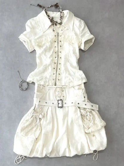 Punk Kleider 2 Stück Harajuku Gyaru Streetwear Reißverschluss Shirt Kurzarm Polo Neck Mode Y2k Minirock Vintage 2000er Jahre Kleid So ist Leben