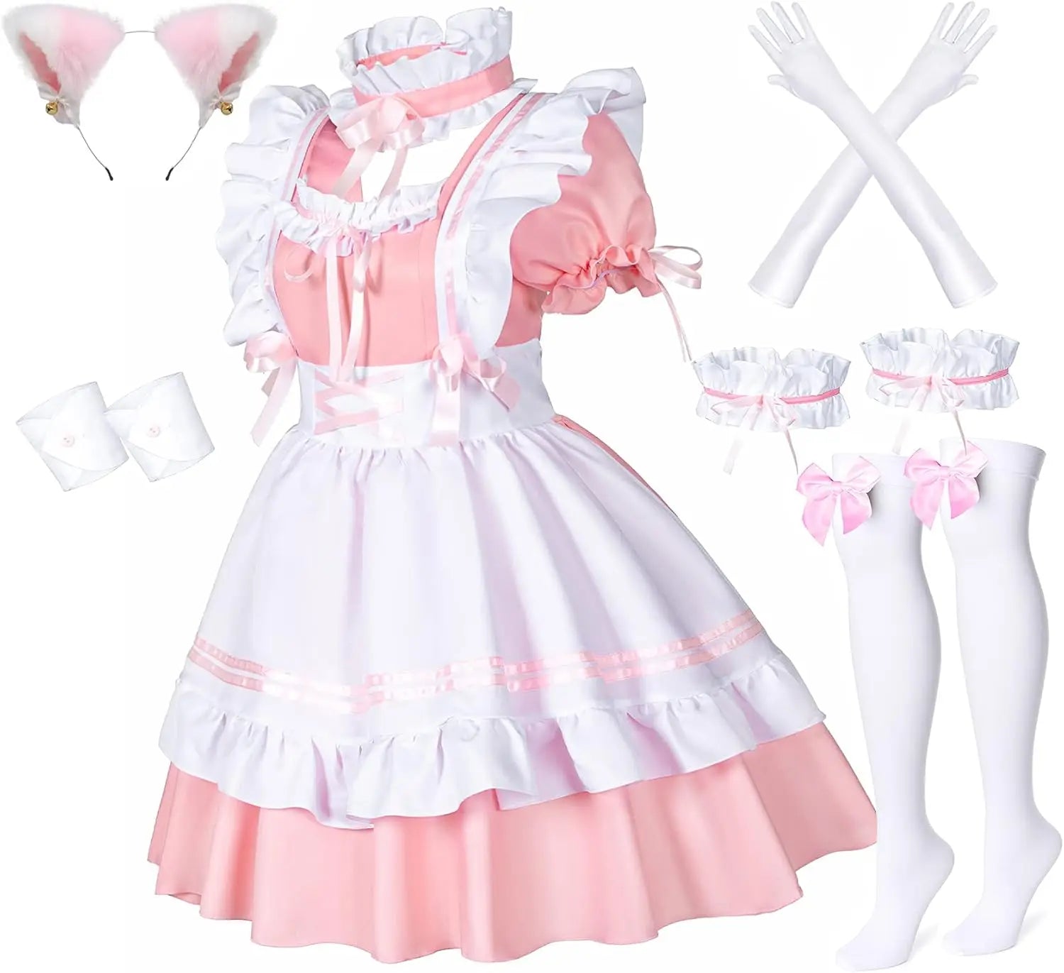Anime Französisch Maid Schürze Lolita Kostüm Cosplay Kostüm Pelzigen Katze Ohr Handschuhe Socken Halloween Karneval Party So ist Leben