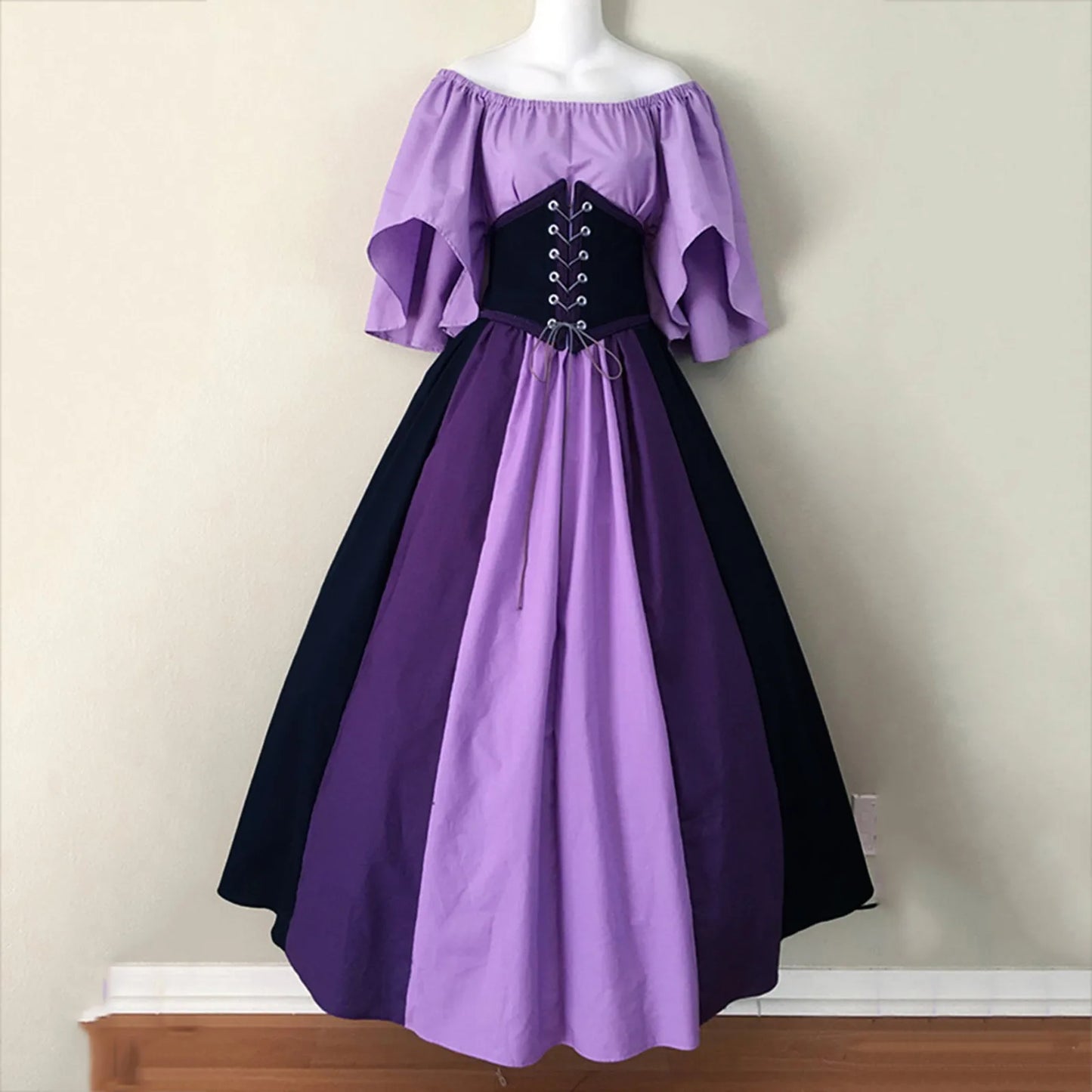 Damen Patchwork Mittelalter Renaissance Kleid Halloween Gothic schulterfreies Retro Langes Kleid So ist Leben