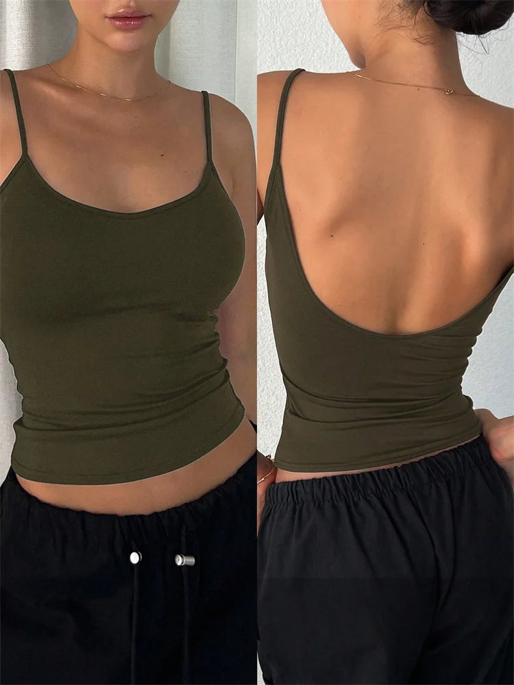 Frauen Backless Cami Crop Top Sommer Einfarbig Casual Ärmelloses Top Streetwear Y2K Kleidung So ist Leben