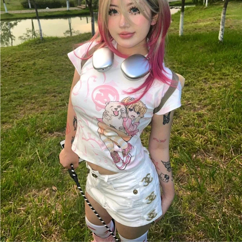 Y2K T‑Shirt mit Cartoonprint im japanischen Stil - So ist Leben