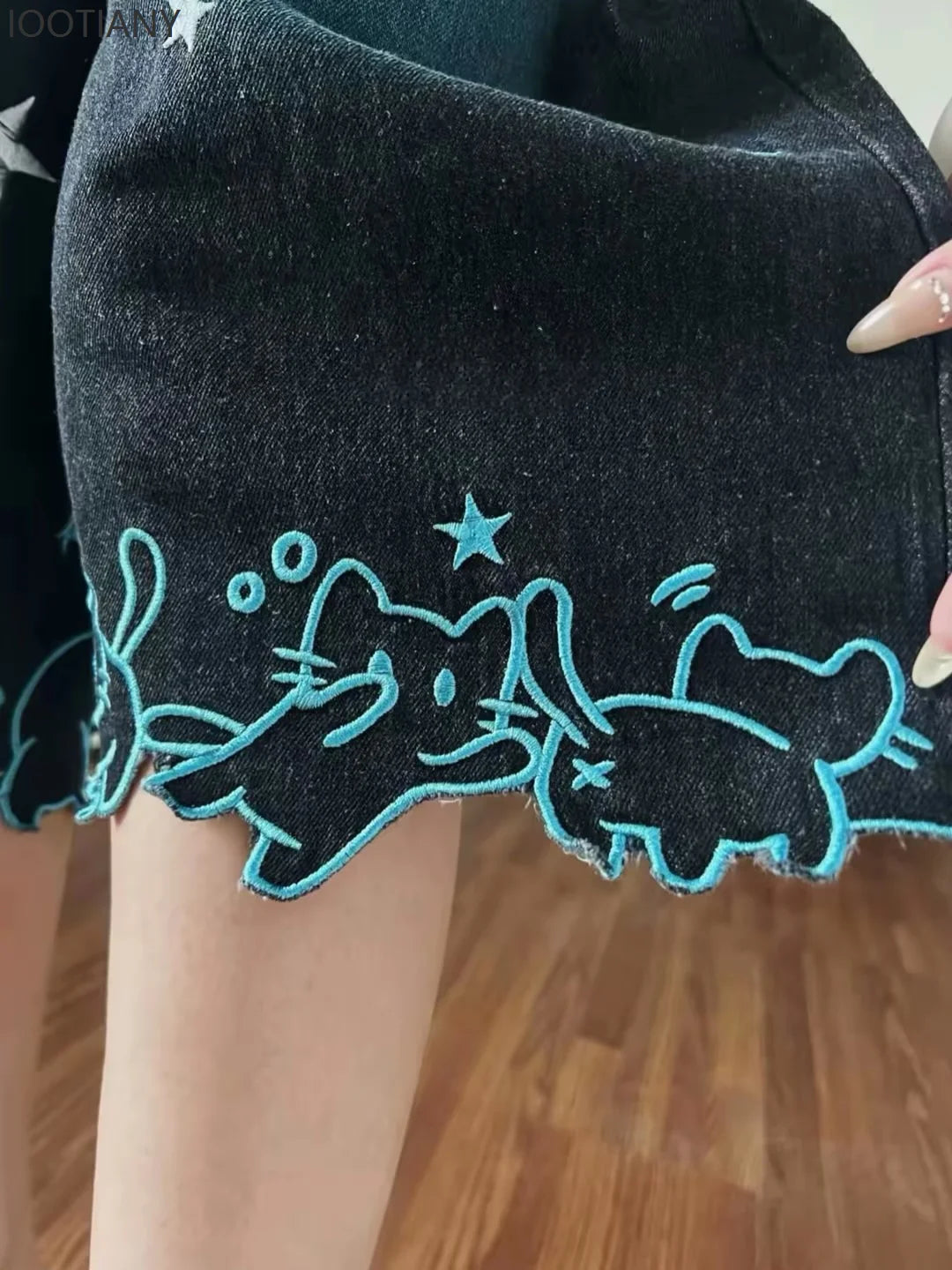 Damen High-Waist Jeans mit Niedlicher Cartoon-Katzen-Stickerei, Vintage Y2K Kleidung, Wadenlange Denim-Hosen, Harajuku Blaue Streetwear So ist Leben